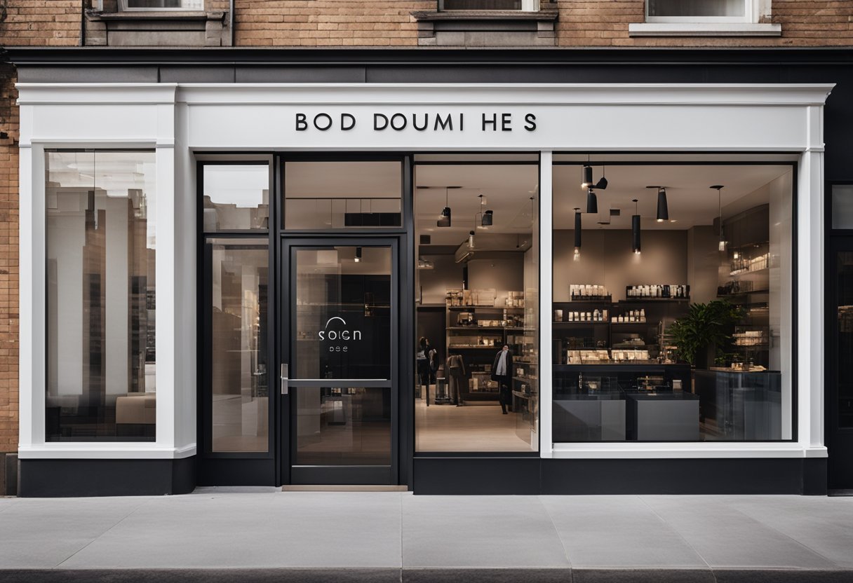 A sleek, modern storefront with bold, minimalistic branding and a line of stylish, fashion-forward customers waiting to enter