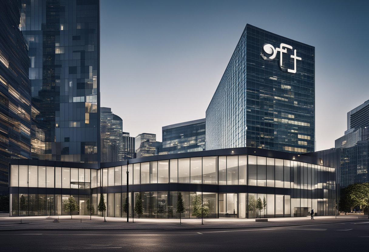 A sleek, modern office building with the "Off-White" logo prominently displayed on the exterior, surrounded by a bustling cityscape