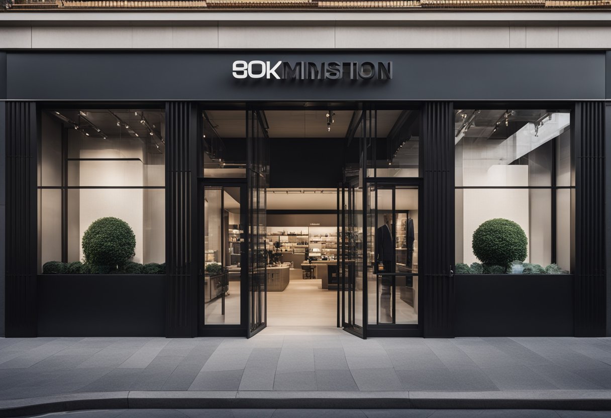 A sleek, modern storefront with the Off-White logo prominently displayed. The store is surrounded by a bustling cityscape, conveying the brand's global presence and expansion