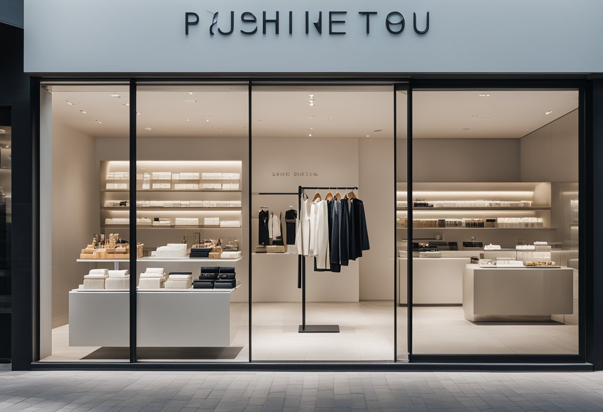 A sleek, modern storefront with minimalistic branding and high-end displays showcasing off white products