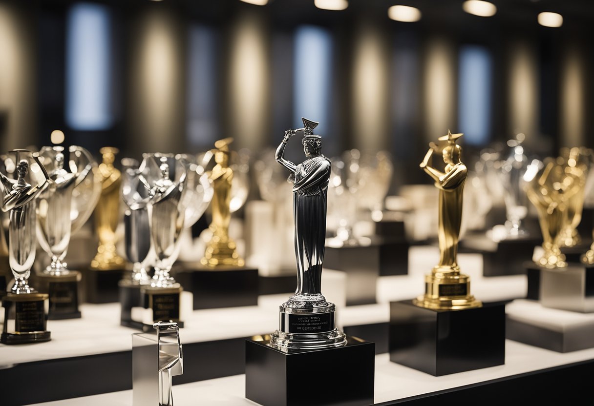 A display of awards and accolades for Off-White, including trophies, plaques, and certificates