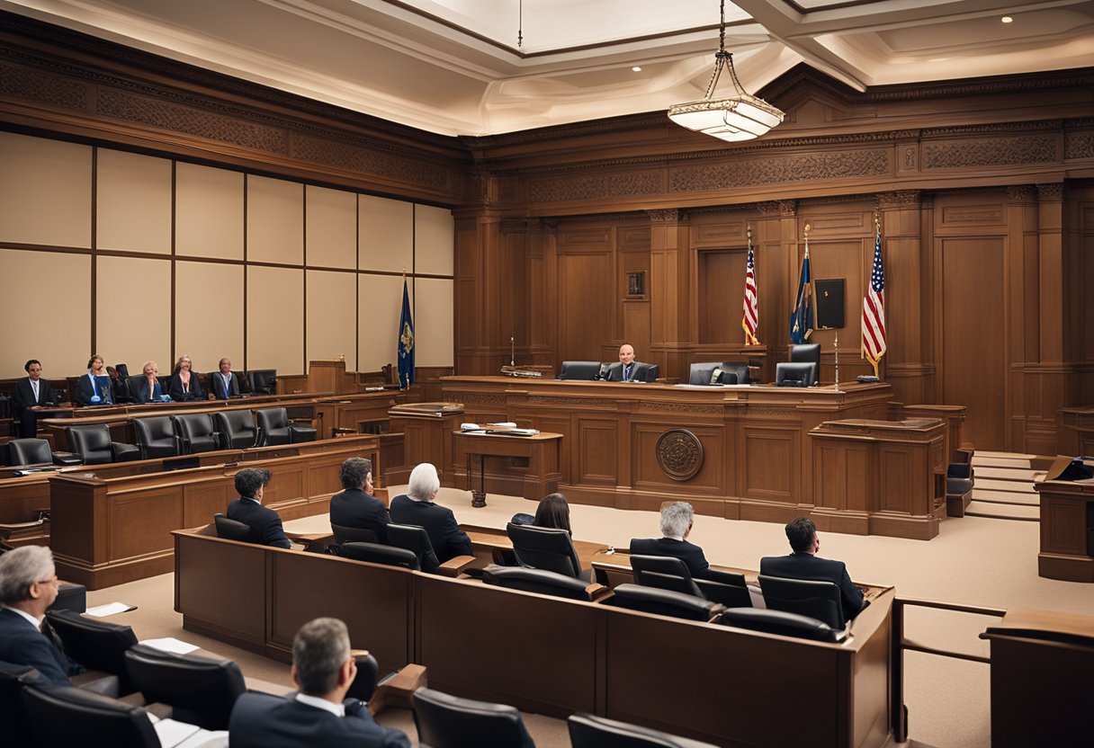 A courtroom with a judge presiding over a case involving ownership of O2. Lawyers present their arguments as the regulatory and legal environment is scrutinized