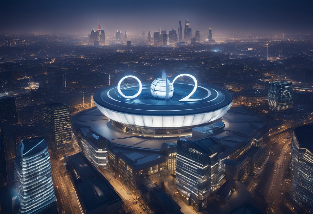 A futuristic city skyline with the O2 logo prominently displayed atop a sleek, cutting-edge building, surrounded by innovative technology and forward-looking infrastructure