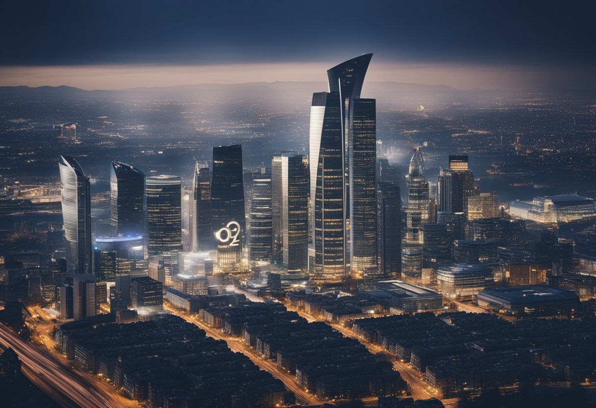 A bustling city skyline with prominent o2 branding on a large skyscraper, surrounded by various industries and businesses