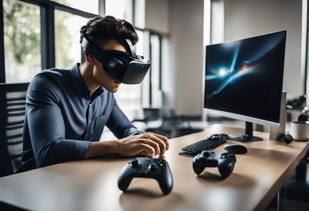 A person sitting at a desk, with an Oculus VR headset and controllers on the table