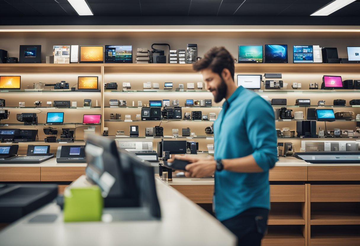 A colorful array of electronic gadgets and devices displayed on sleek shelves, with a friendly staff member assisting a customer at the checkout counter