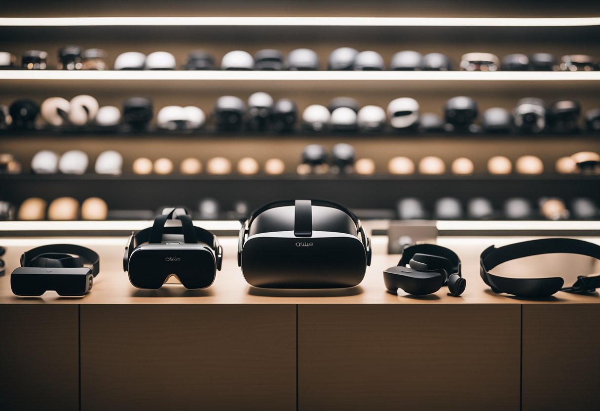A sleek, modern display of Oculus products lined up on a shelf in a well-lit room