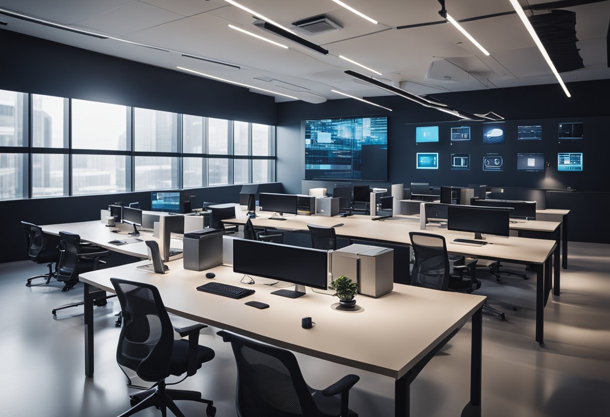 A sleek, modern office space with state-of-the-art gadgets and devices scattered across the desks and walls. The room is filled with the hum of technology and the glow of screens