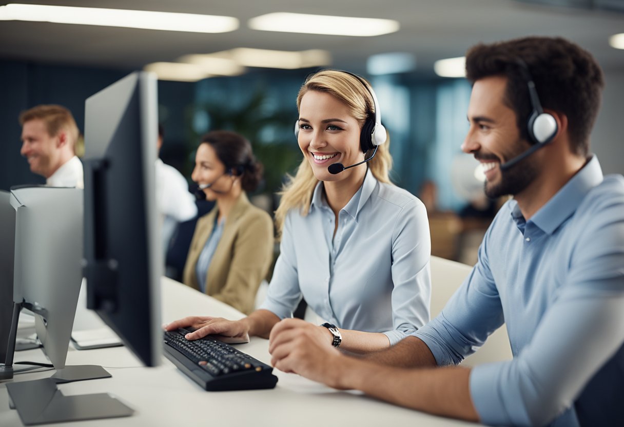 A customer service representative assists a user with a smile, while the user experiences seamless and efficient service