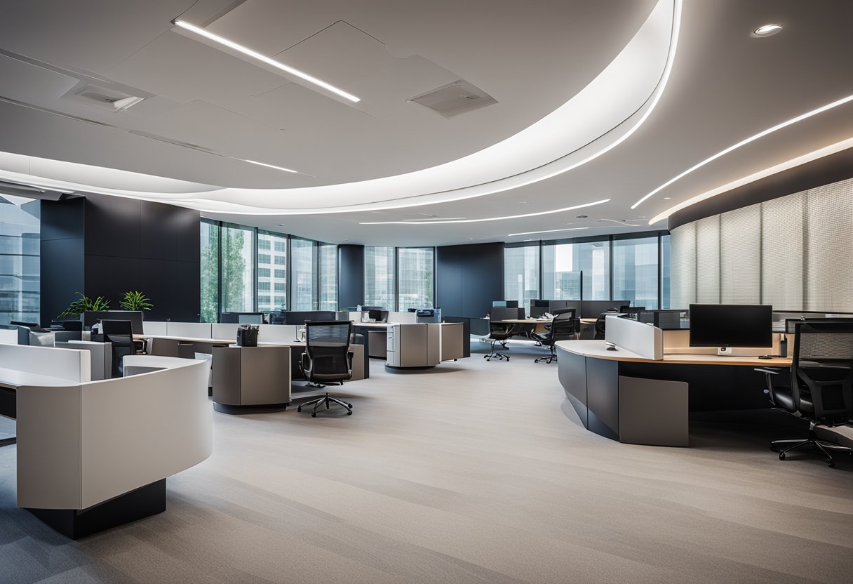 A sleek, modern office space at Oculus headquarters, with futuristic technology and branded decor