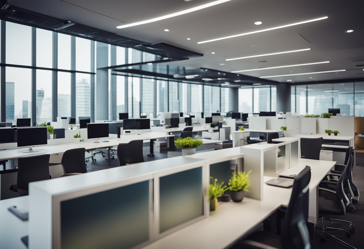 A modern office space with EE's logo prominently displayed on digital screens and marketing materials