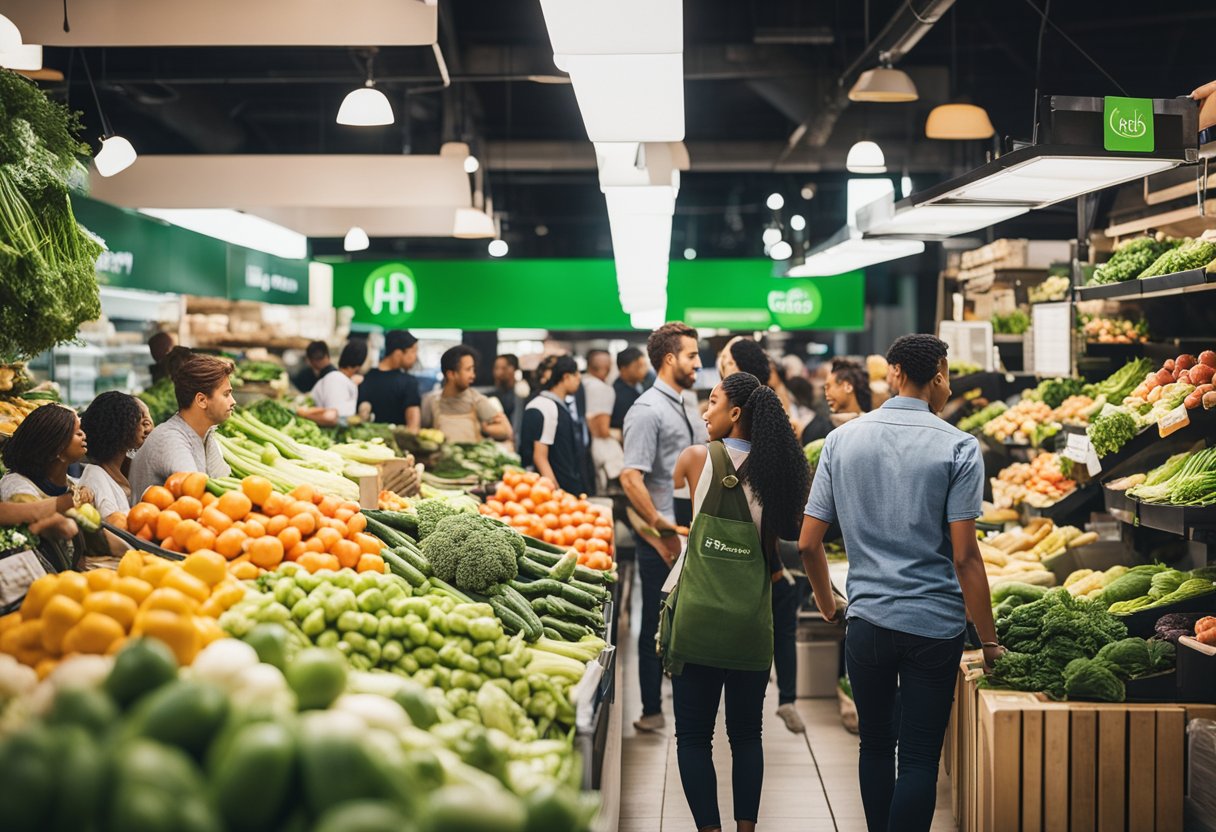 A bustling market with diverse customers browsing fresh produce and interacting with a Hello Fresh booth