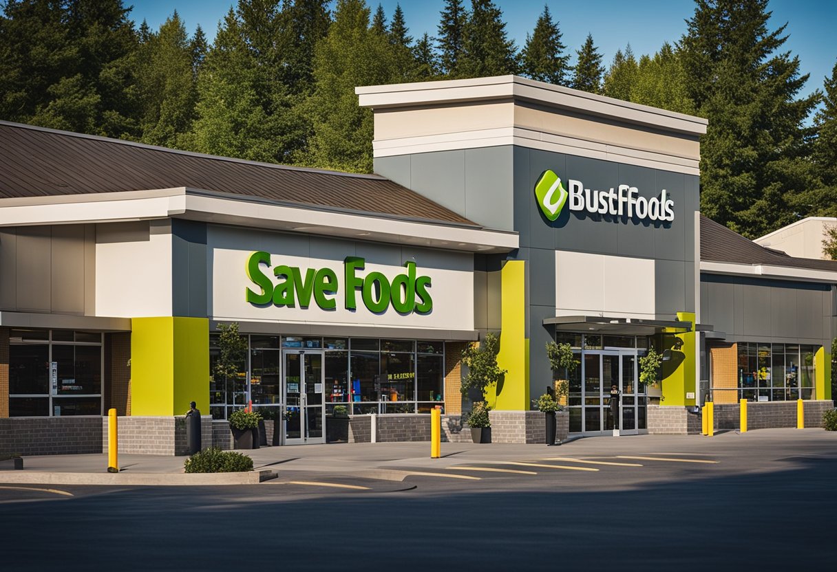 A bustling Save On Foods store with a bright exterior and full parking lot