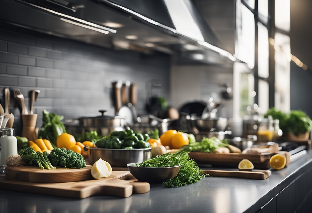 A modern kitchen with fresh ingredients and innovative cooking tools