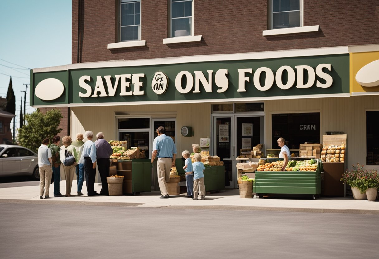 A family-owned grocery store with a sign displaying "Save On Foods" and a small group of shareholders standing together in front of the building