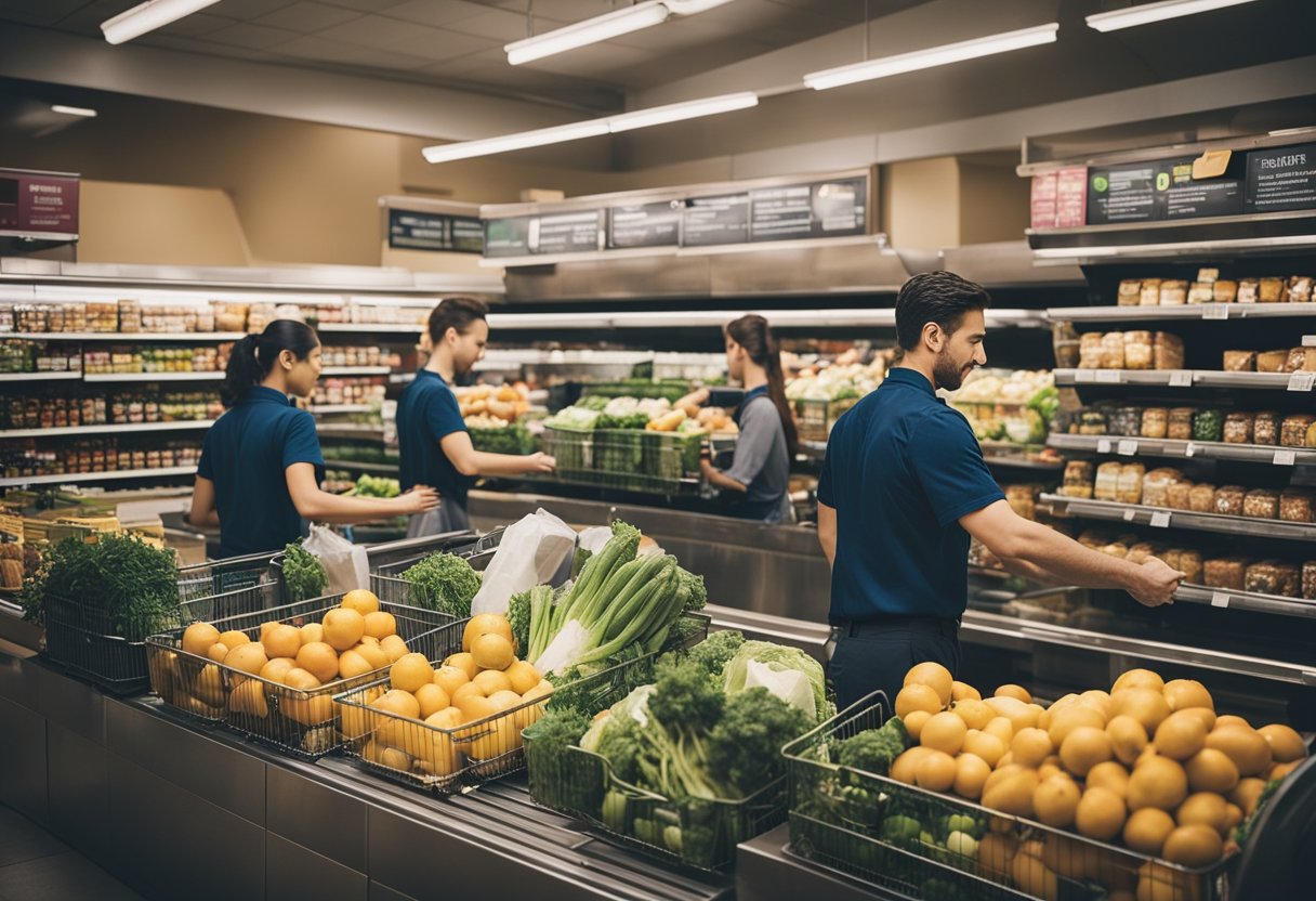 A bustling grocery store with employees assisting customers and organizing shelves, while recycling bins and donation boxes are prominently displayed