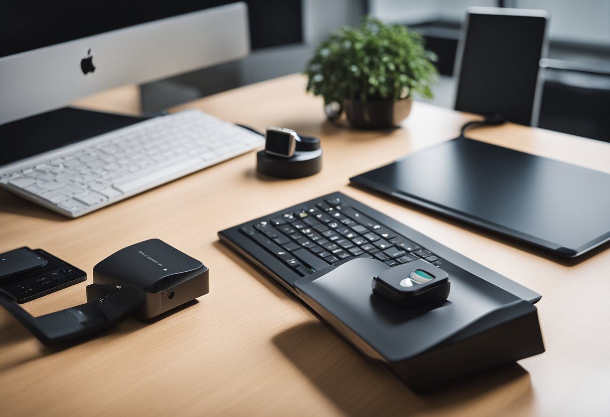 A sleek and modern office desk with a computer, paperwork, and a Juul device placed prominently on top