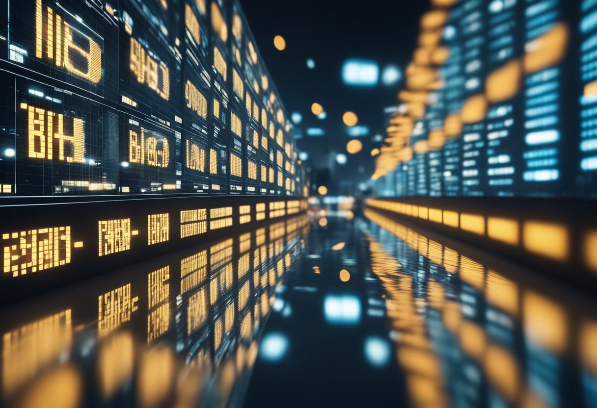 A futuristic cityscape with a digital display of fluctuating Bitcoin prices on a large screen