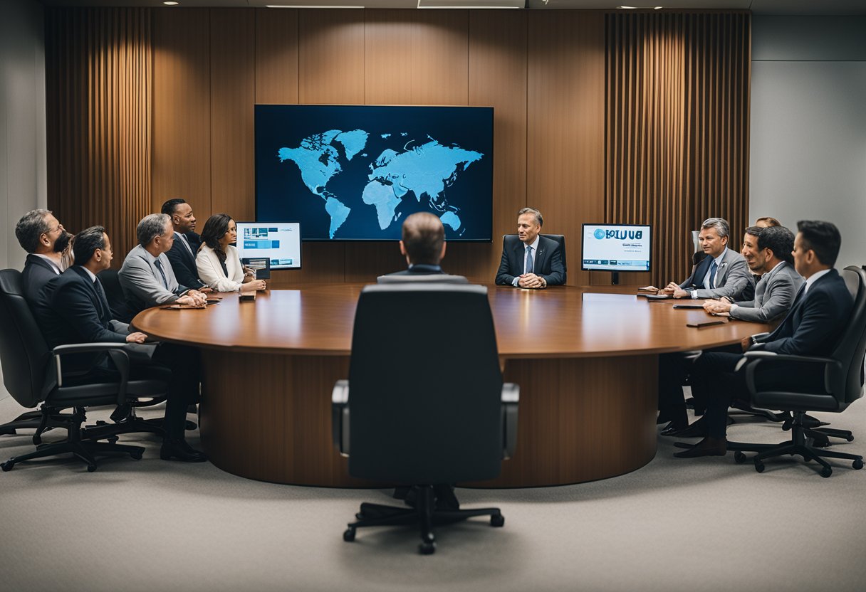 A group of government officials and corporate representatives discussing regulations around Juul ownership in a conference room