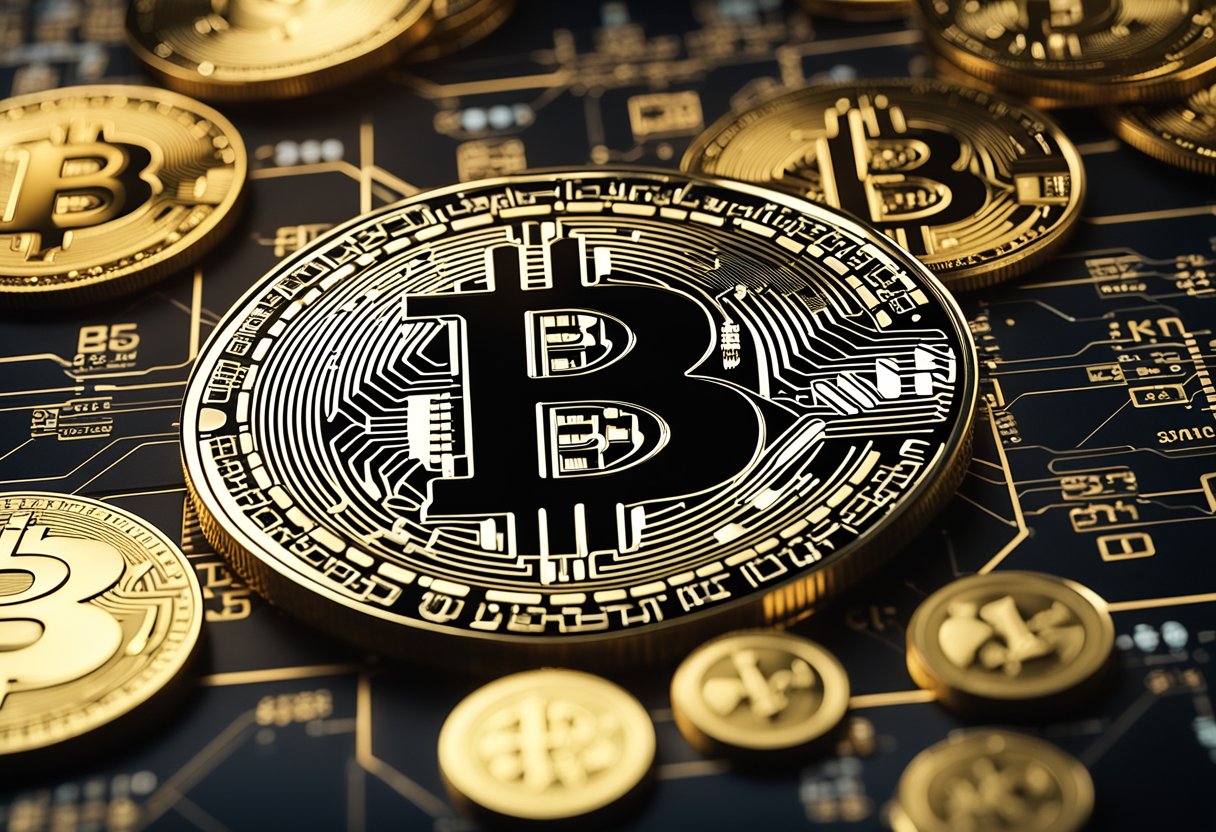 A digital representation of the financial system with Bitcoin at the center, surrounded by various financial assets and symbols