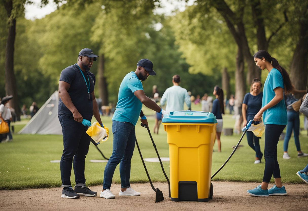 A group of people cleaning up a local park and organizing a community event, with a prominent Juul logo displayed on a nearby trash can