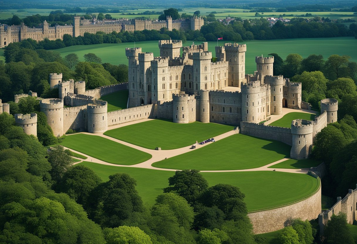 Windsor Castle stands proudly atop a lush green hill, surrounded by a moat and towering walls, exuding power and grandeur