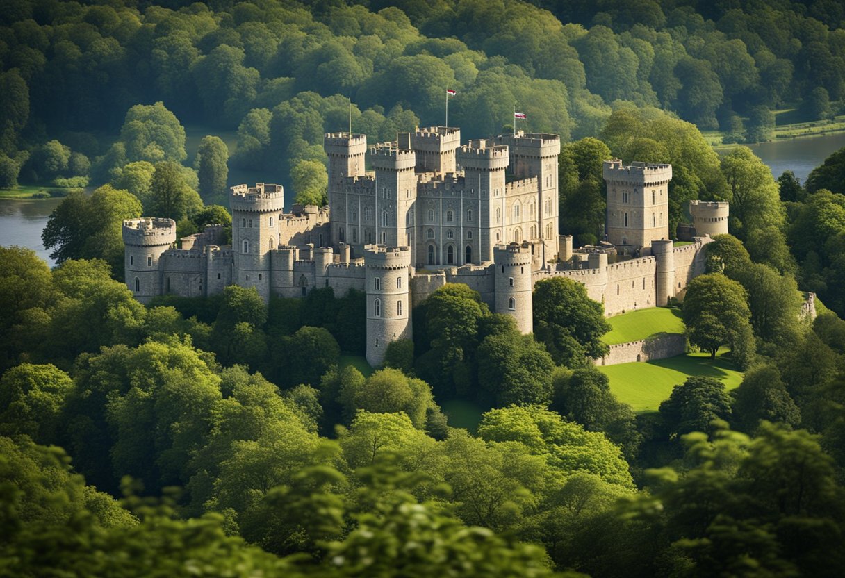 A grand and imposing Windsor Castle stands proudly on a hill, surrounded by lush greenery and a flowing river, with its iconic turrets and towers reaching towards the sky