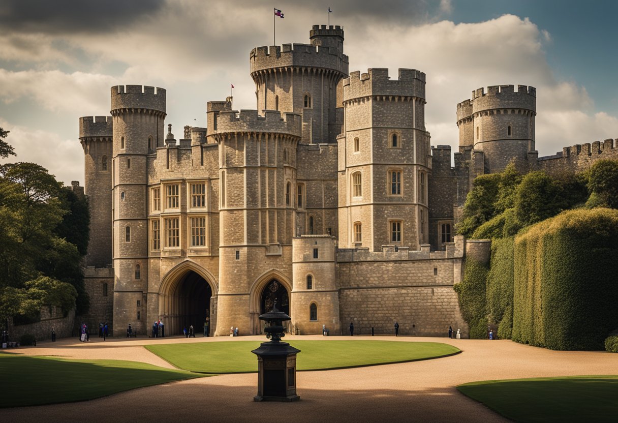 Windsor Castle stands proudly, showcasing its architectural significance. The grand structure is owned by the British royal family