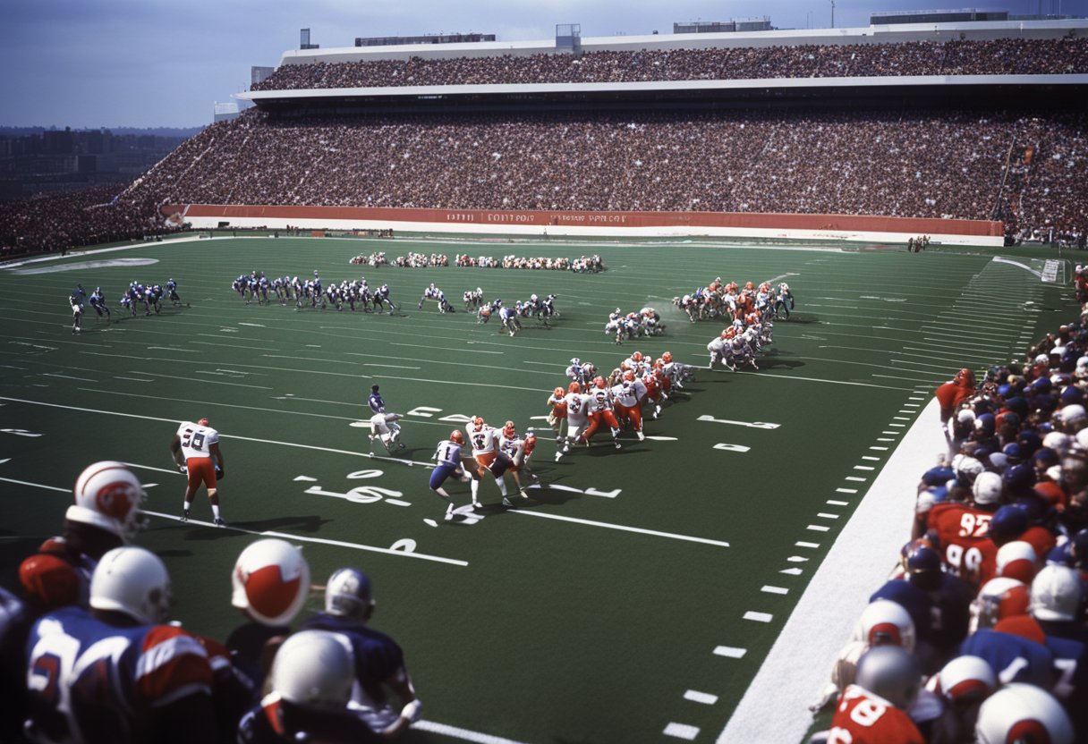 A football field with USFL team logos on the players' uniforms and helmets. Fans cheer from the stands