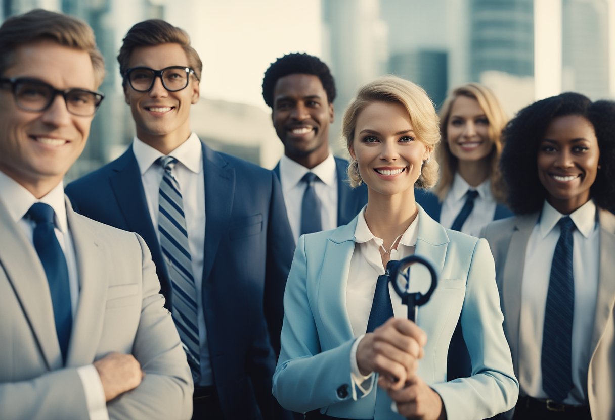 A group of people in business attire stand together, each holding a key representing their role in the USFL organization