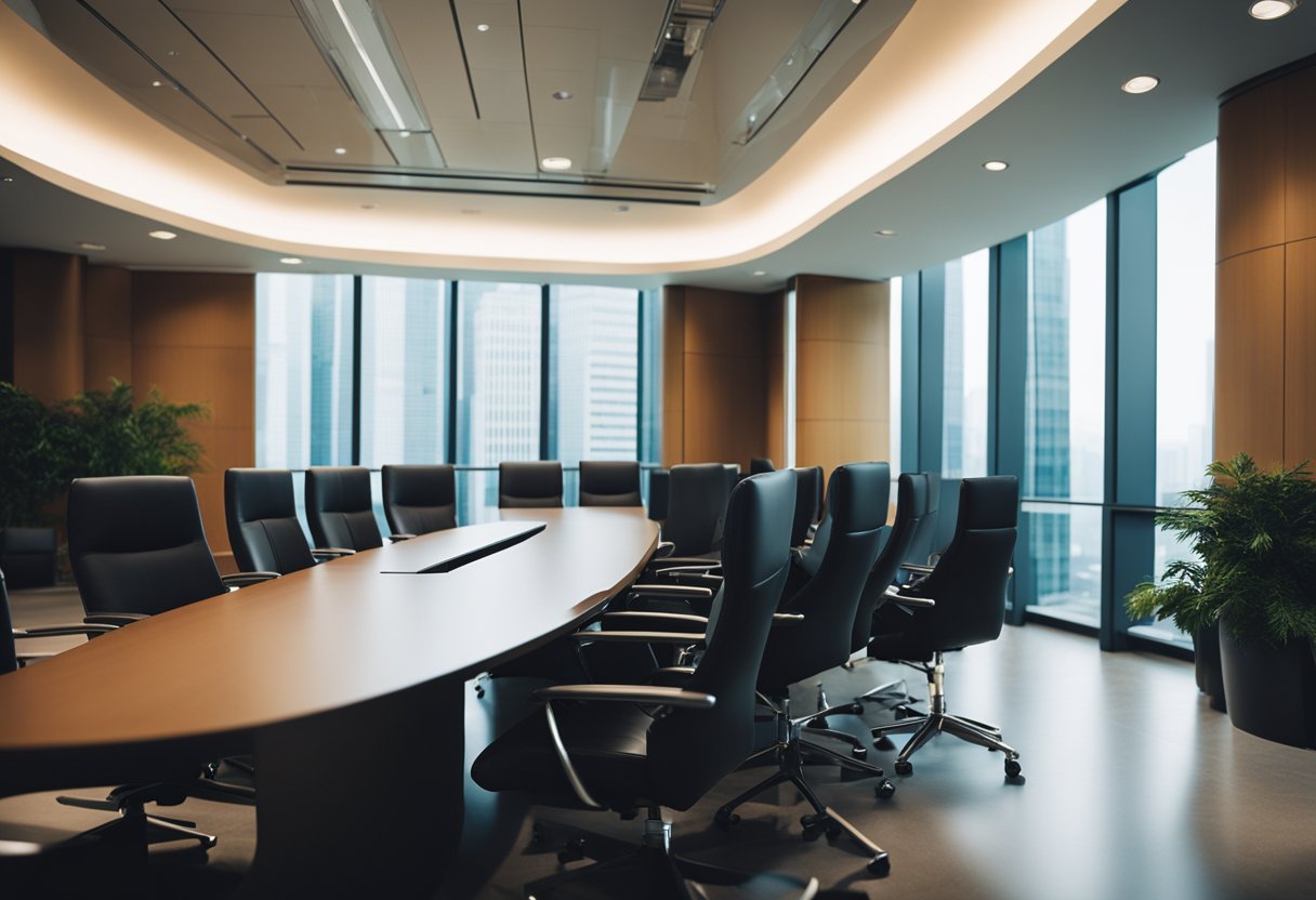 A conference room with corporate executives discussing contracts and legal documents