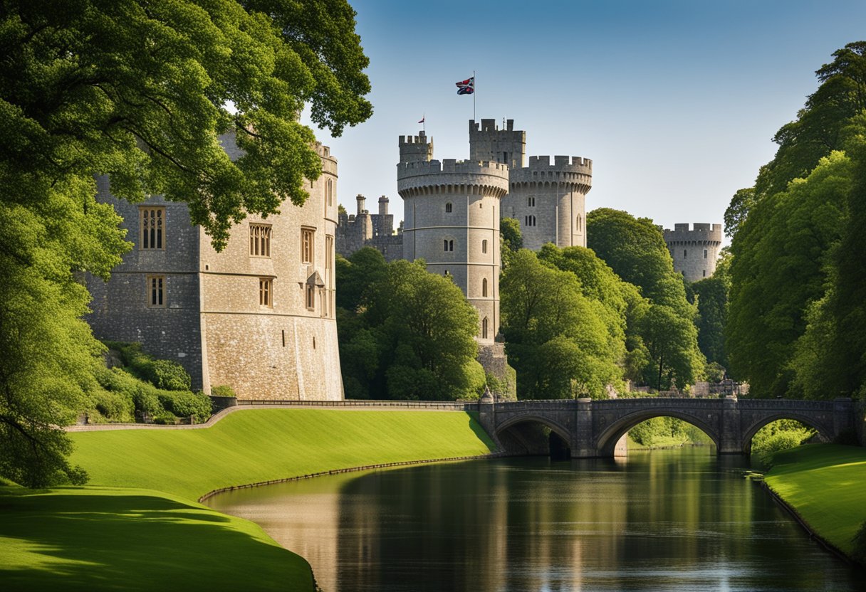 Windsor Castle stands proudly amidst lush greenery, surrounded by a moat and towering stone walls. The grandeur of the royal residence is emphasized by its imposing turrets and majestic architecture