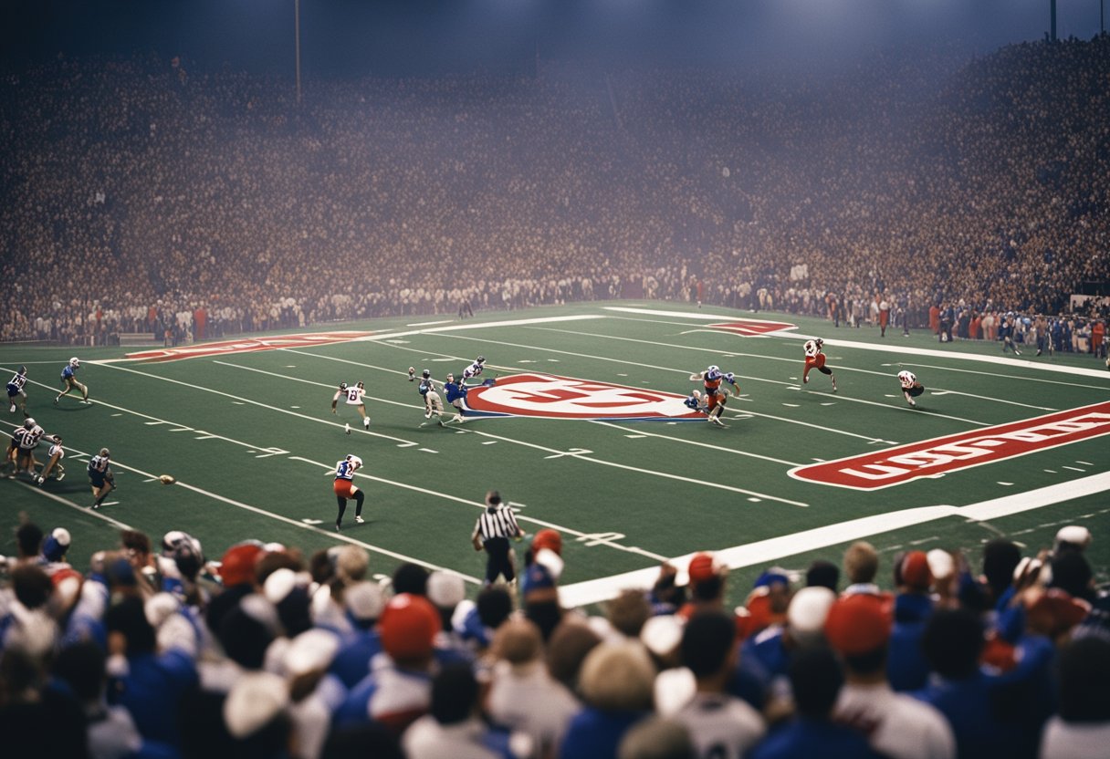 A football field with a USFL logo at the center, surrounded by cheering fans and players in vintage jerseys