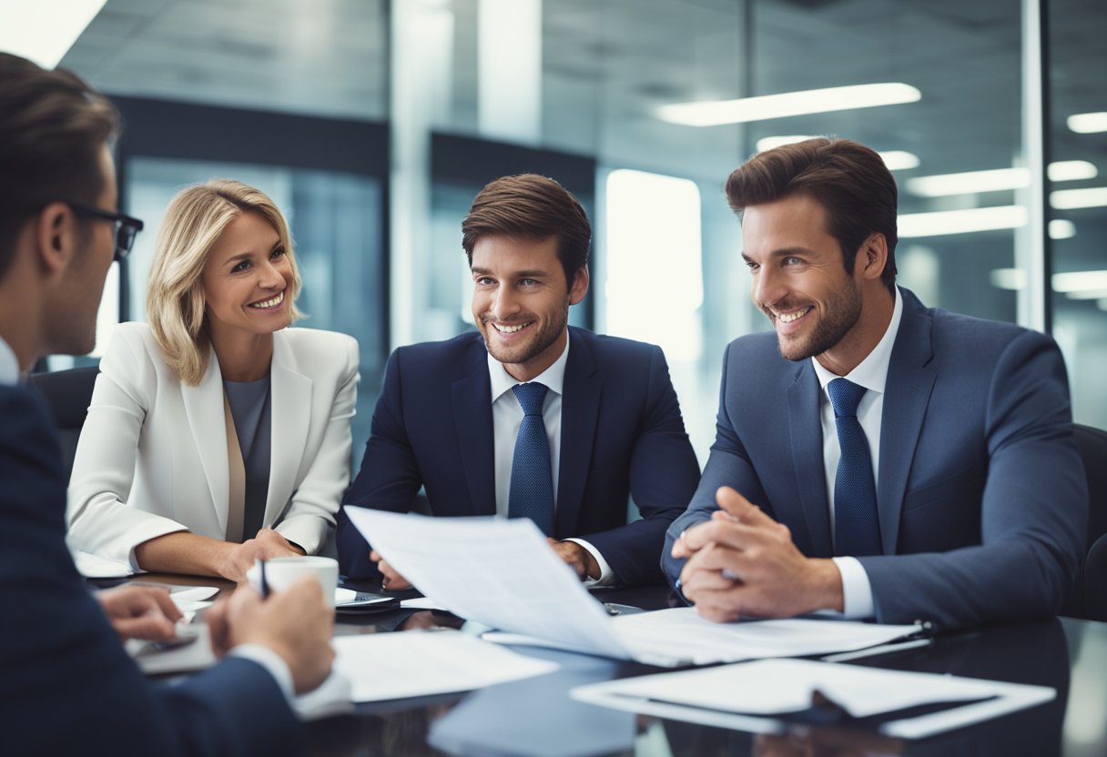 A group of executives in a boardroom discussing financial reports and charts related to the ownership of Ross Dress for Less