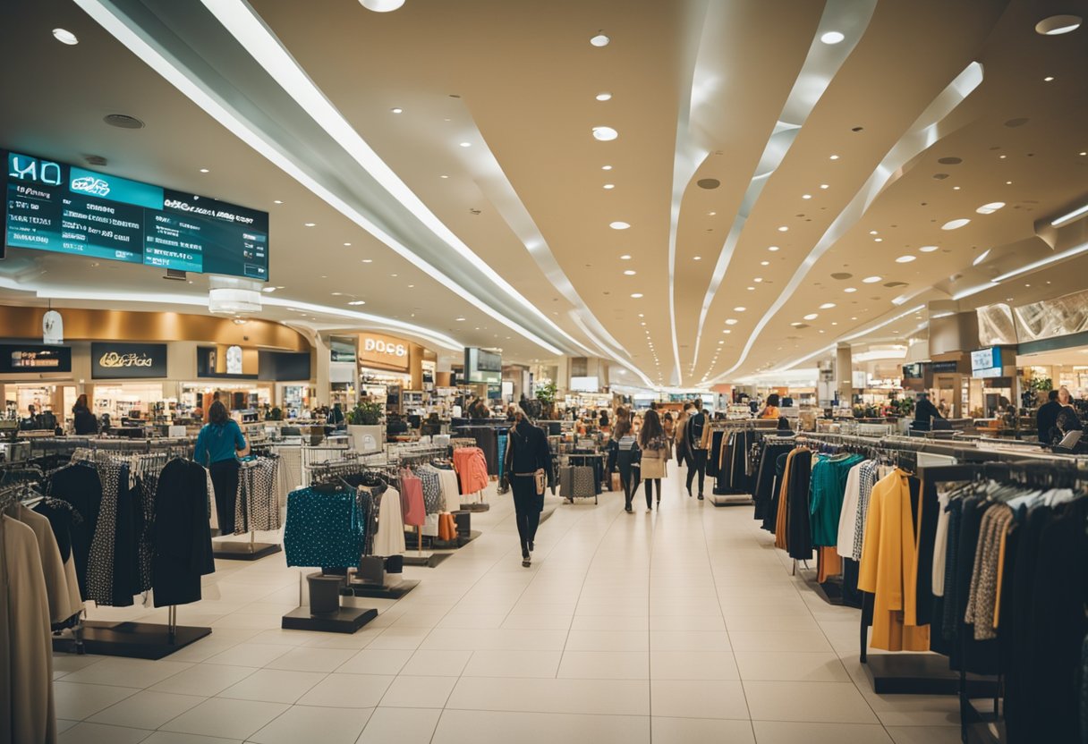 A bustling shopping mall with a prominent Ross Dress for Less store, surrounded by other retail outlets and busy with shoppers