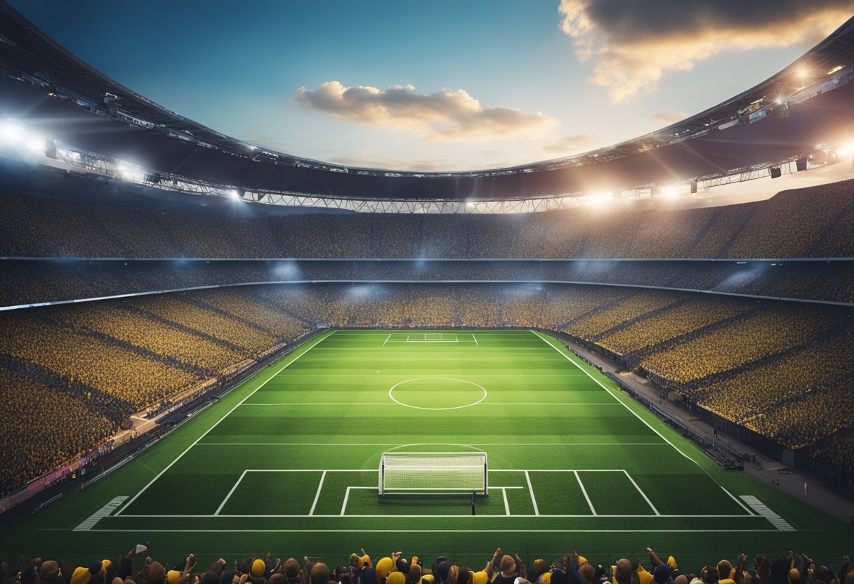A football field with a team logo at midfield, surrounded by cheering fans and colorful banners for different seasonal events and key dates