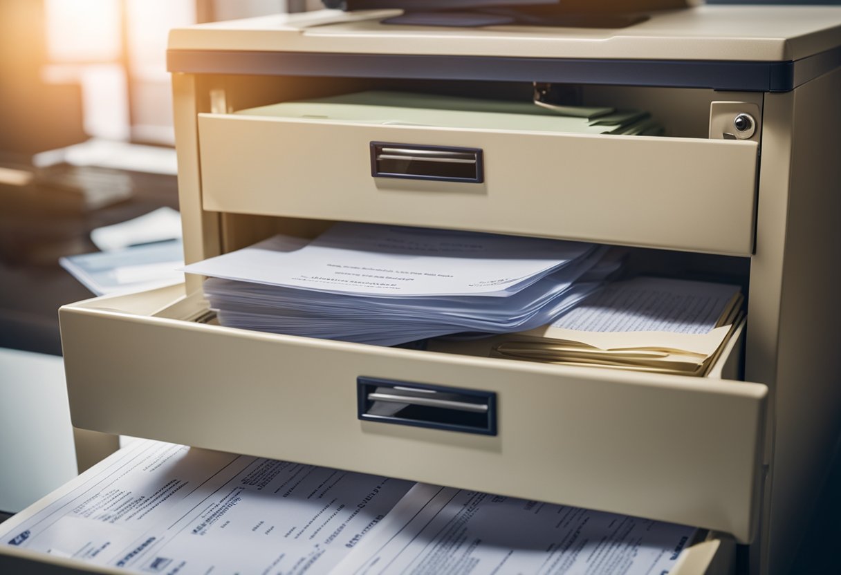A secure filing cabinet holds a birth certificate, surrounded by legal documents and official seals