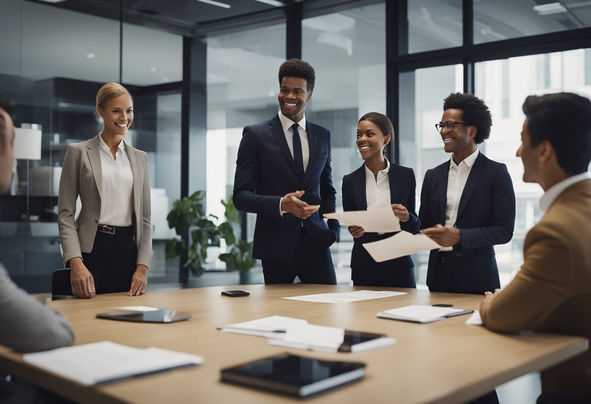 A group of business professionals stand around a table, discussing and exchanging documents, while a prominent figure holds a key symbolizing ownership