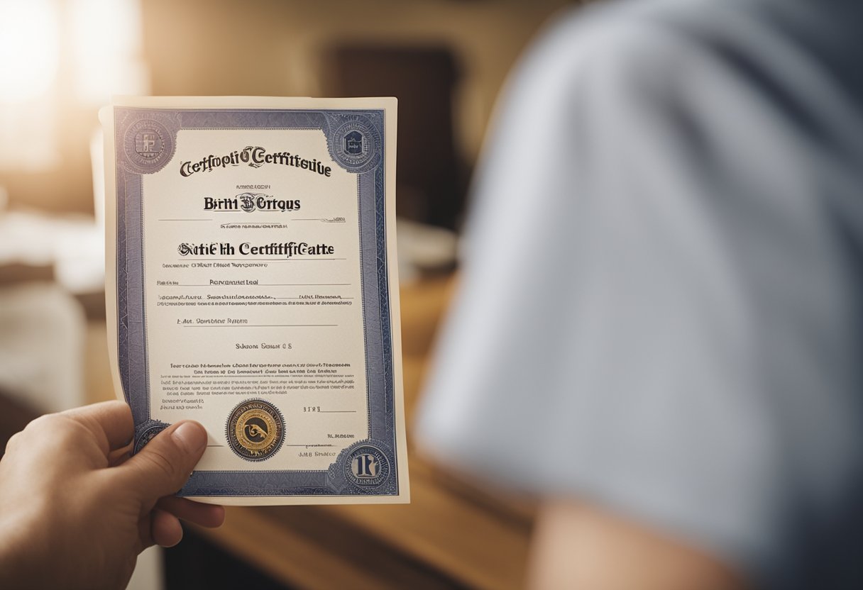 A birth certificate being handed over from one person to another in an official setting