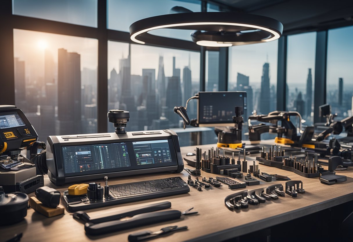 A futuristic workshop with Snap-on tools displayed on a sleek, organized workbench, surrounded by advanced technology and a backdrop of a bustling city skyline
