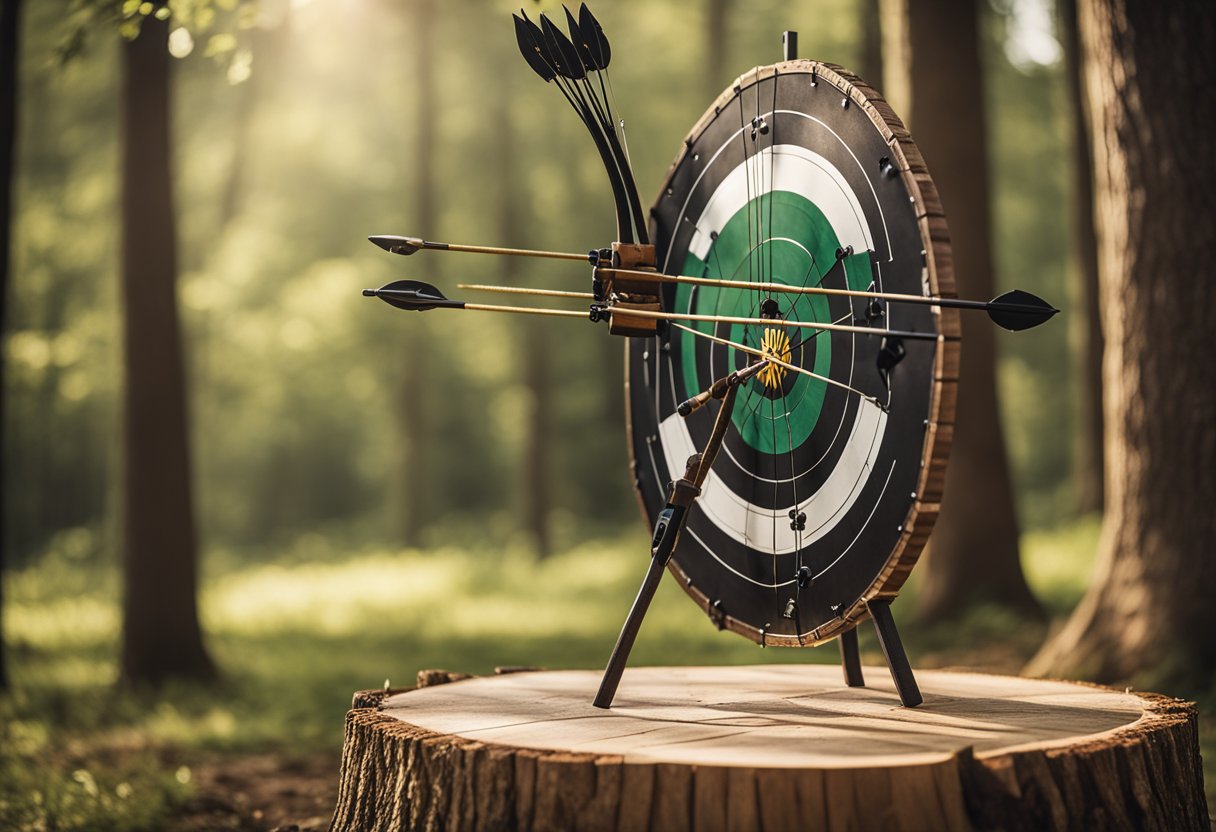 A Robinhood-themed archery range with a quiver of arrows and a bow resting against a tree stump
