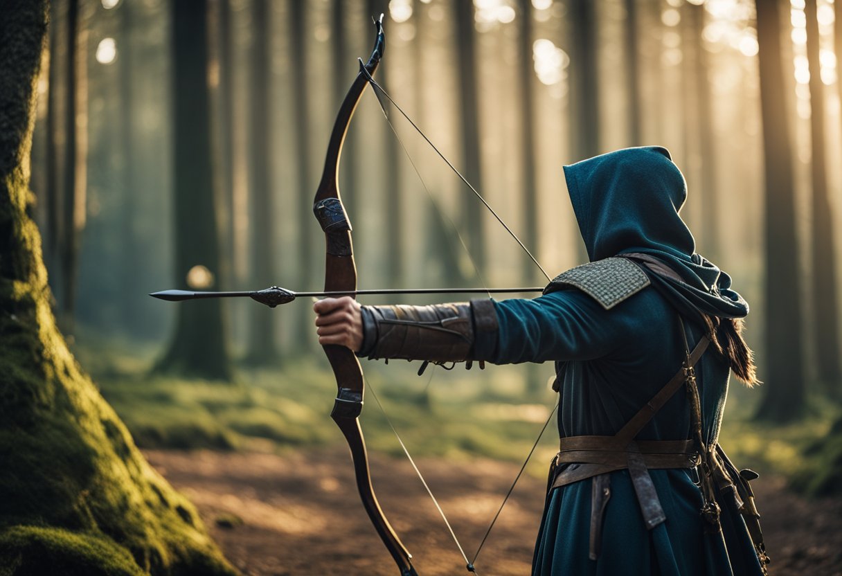 A medieval forest with a bow and arrow resting against a tree, a hooded figure in the distance