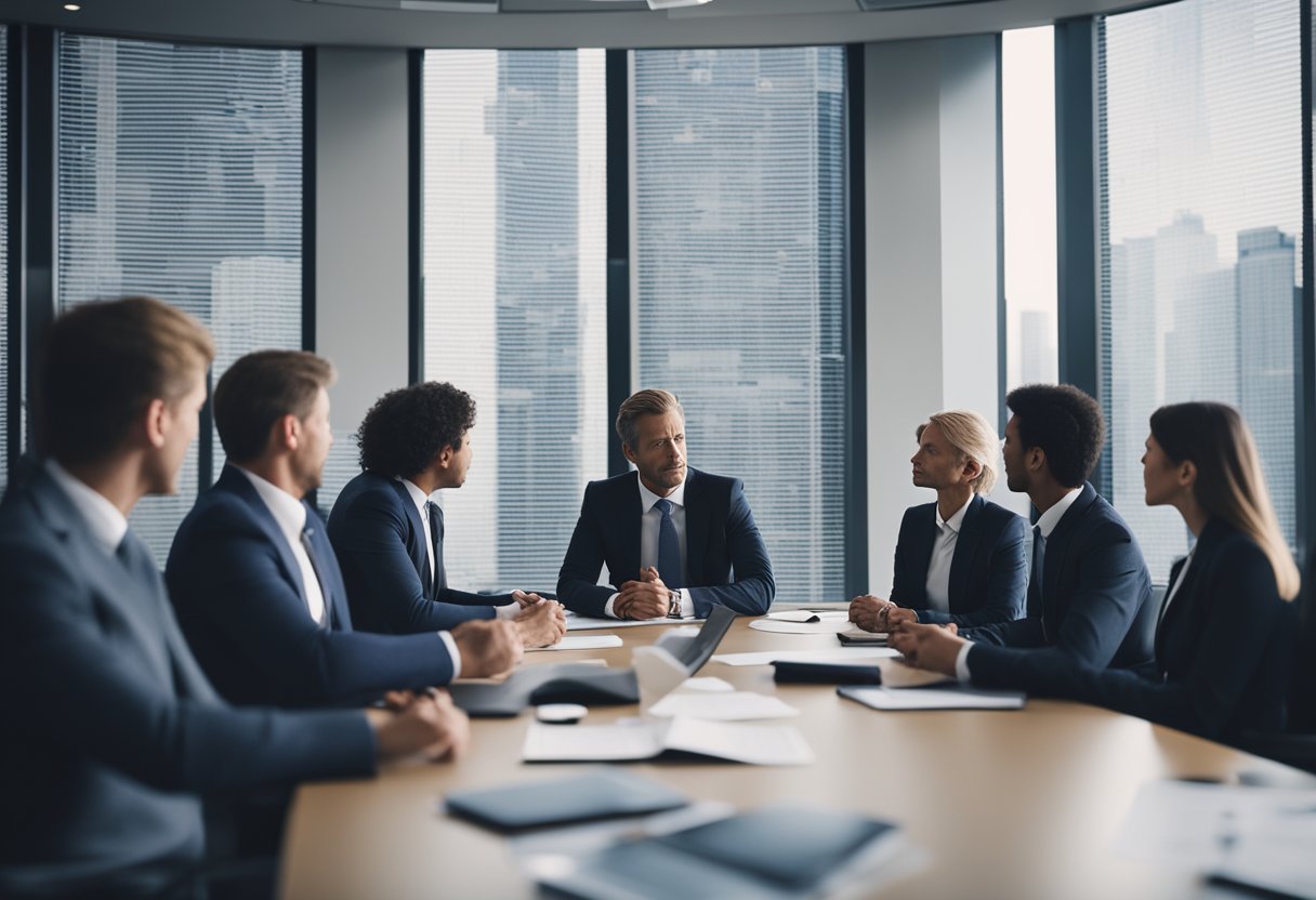A corporate boardroom meeting with executives discussing financial reports and ownership documents
