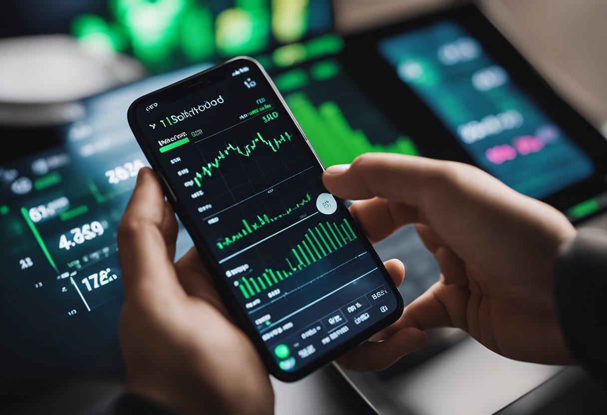 A person using a smartphone to buy and sell stocks on the Robinhood app, with a graph showing stock performance in the background