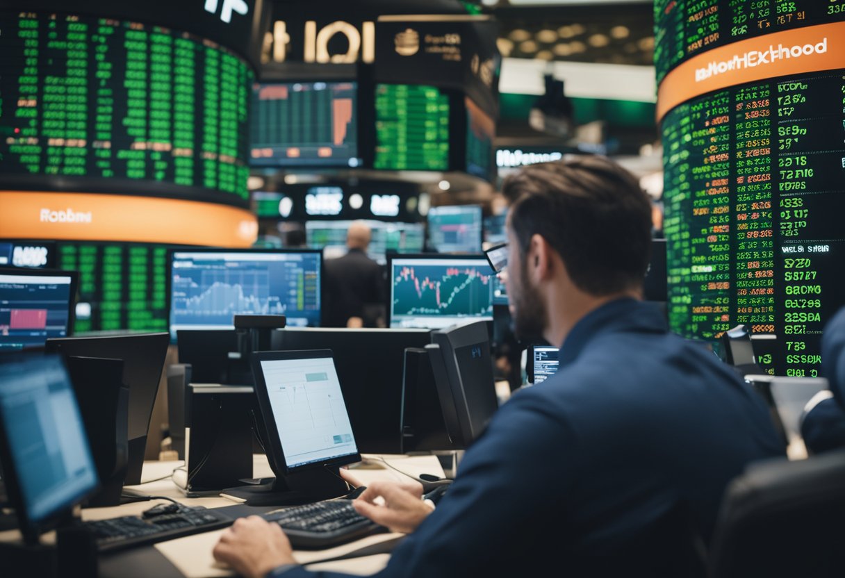 A bustling stock exchange with Robinhood's logo dominating a digital screen, as traders react to market impact