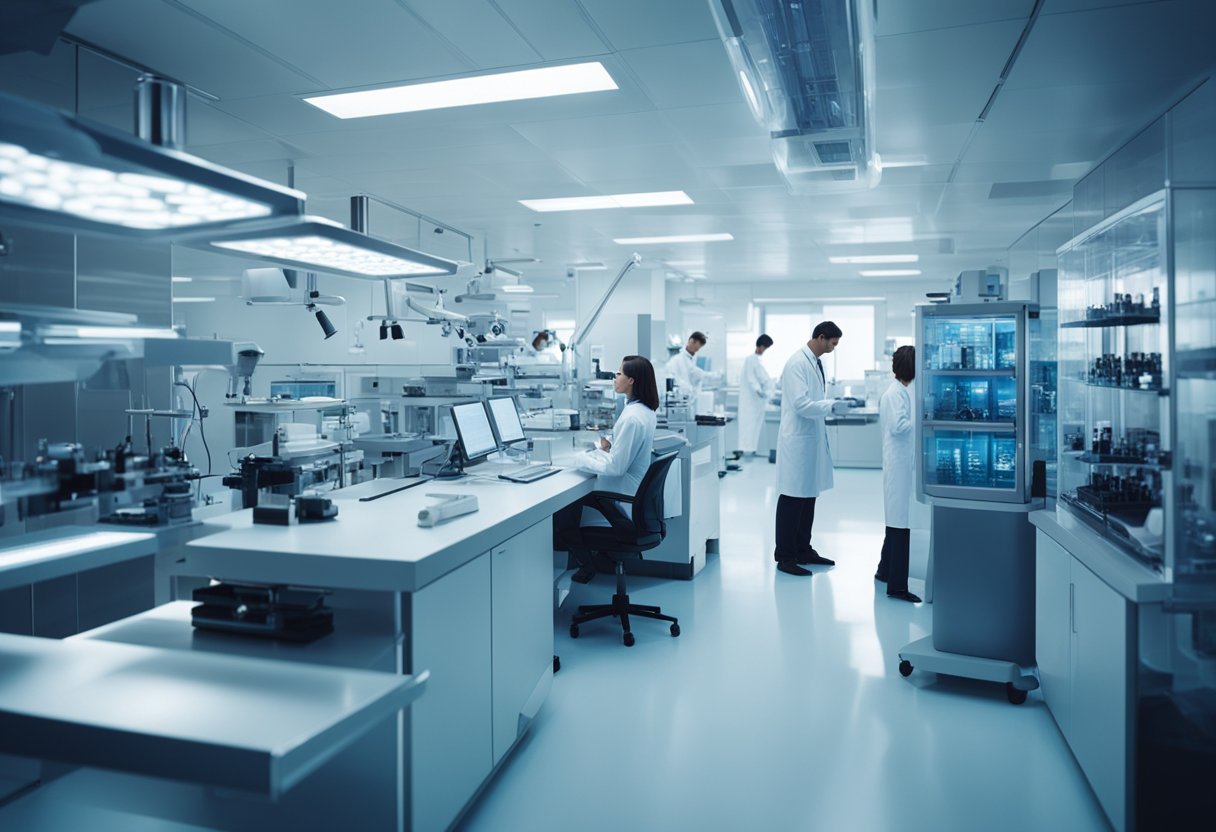 A futuristic laboratory with scientists working on advanced medical research equipment