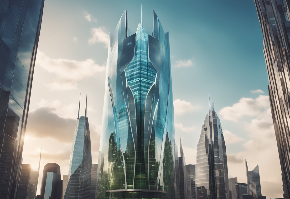 A futuristic city skyline with a prominent "Robinhood" logo atop a sleek, glass skyscraper. A network of digital data streams surrounds the building
