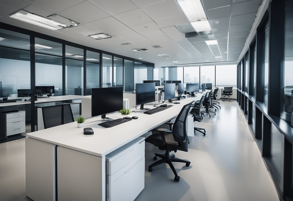 A modern office with a secure computer network and a shielded data server