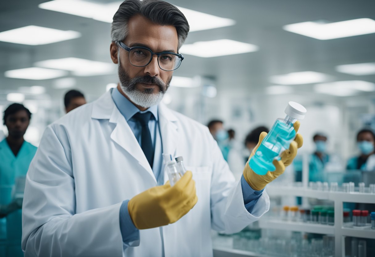 A scientist in a lab, surrounded by test tubes and equipment, holds a vial of Moderna vaccine. A crowd of people waits outside a clinic