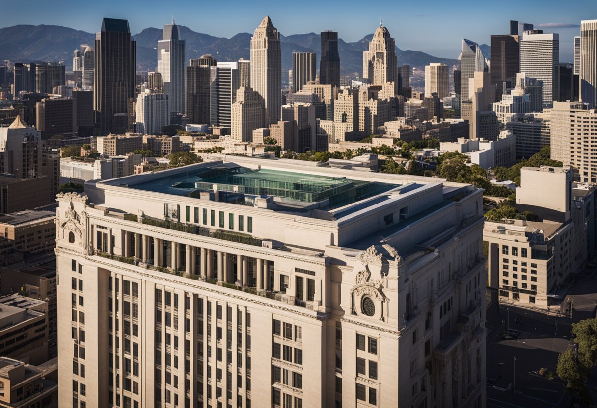 A grand building with the Univision logo prominently displayed, surrounded by a bustling cityscape, symbolizing the ownership and history of the media company